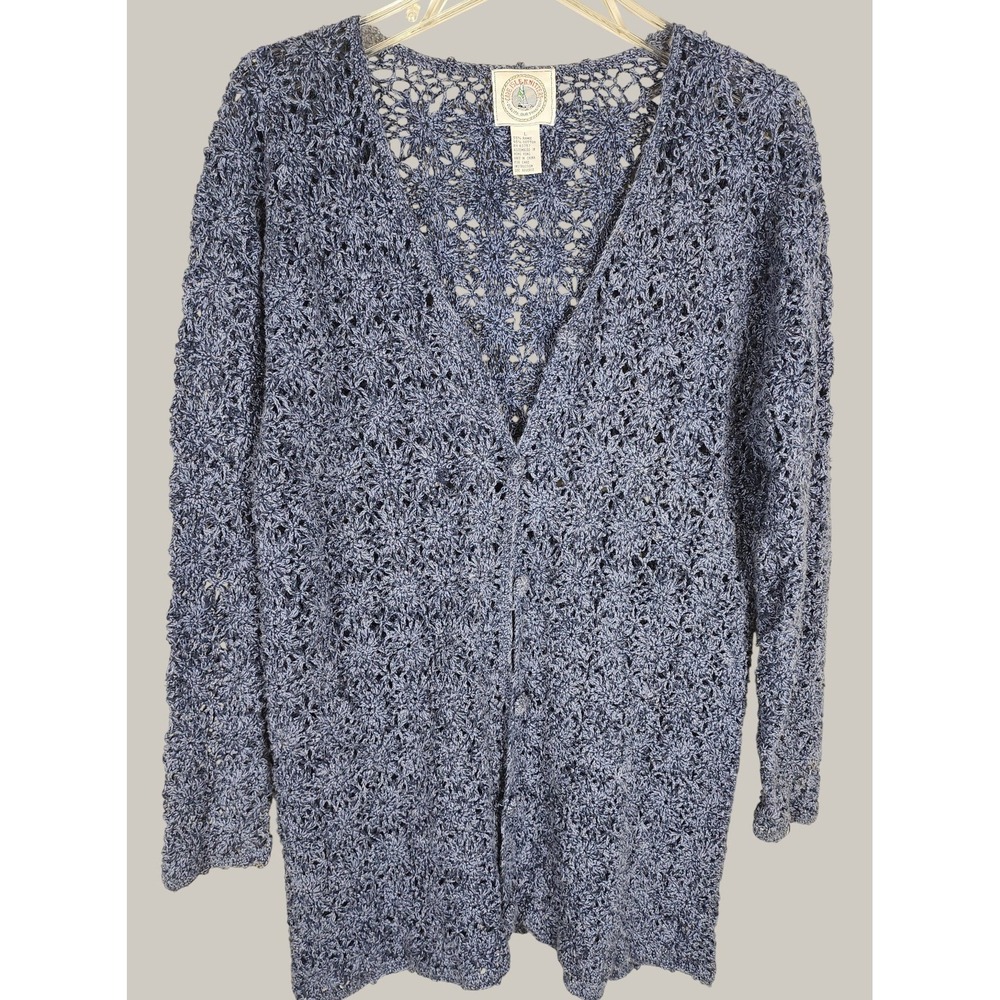 Vtg Cape Isle Knitters Blue Open Crochet Cardigan Size‎ L Cottagecore Coastal